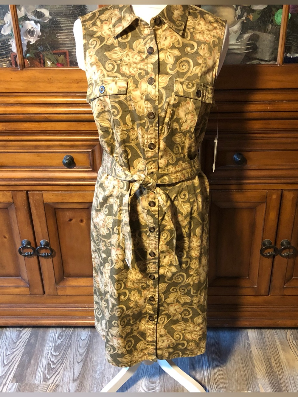 NWT Charter Club Olive and Gold Sleeveless Belted Shirt Dress